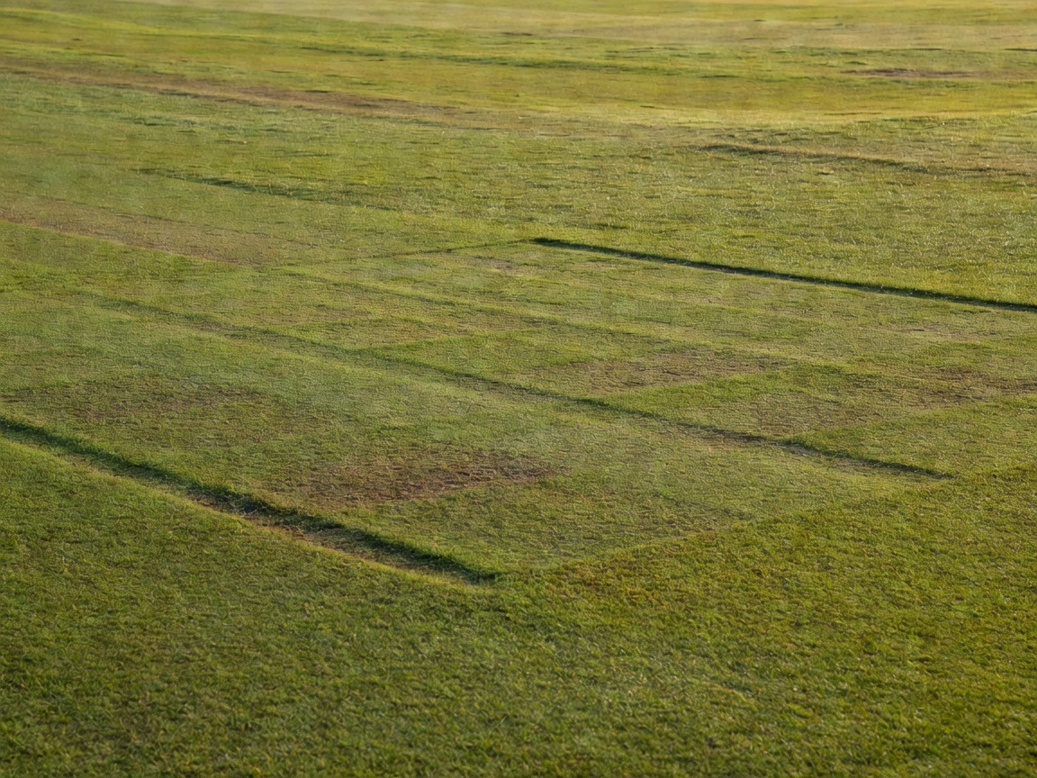 Close view of a prepared cricket square, with mown strips running across a green outfield